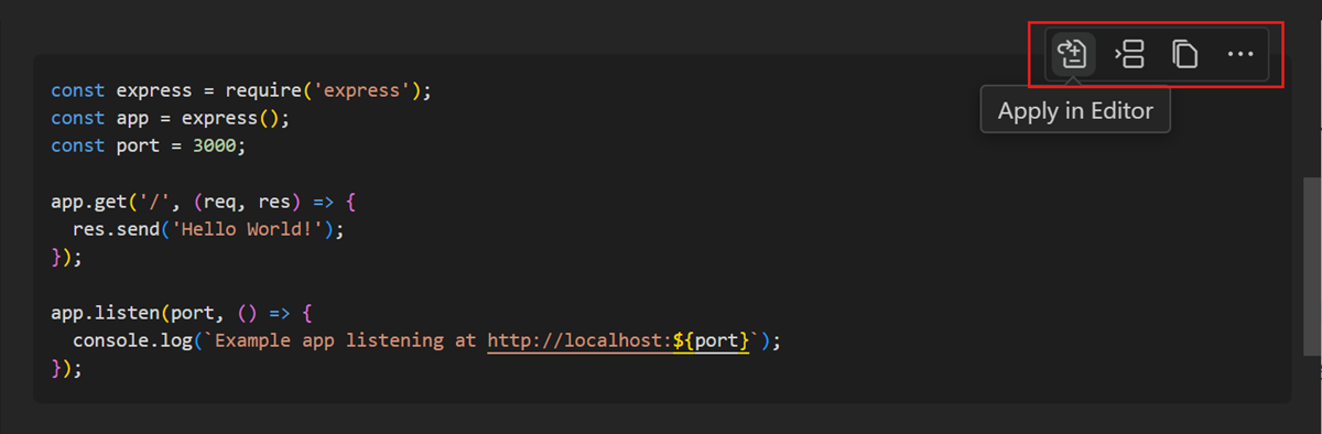 Screenshot of a chat code block response, highlighting the actions to apply changes.